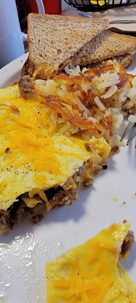 Sausage and Cheese Omelet with Hash Browns and Wheat Toast